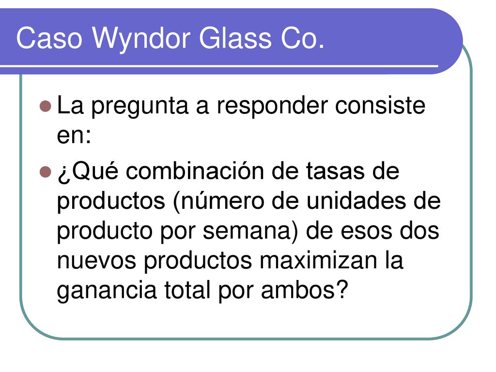 Caso Wyndor Glass Co. La pregunta a responder consiste en: