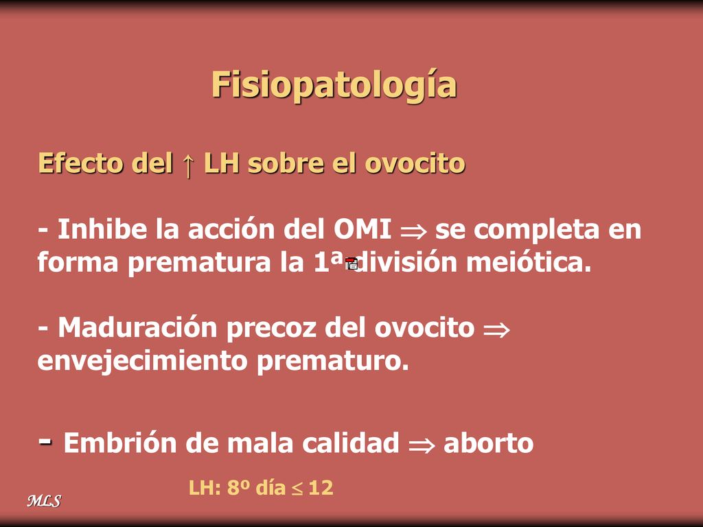 Fisiopatología Efecto del ↑ LH sobre el ovocito - Inhibe la acción del OMI  se completa en forma prematura la 1ª división meiótica.