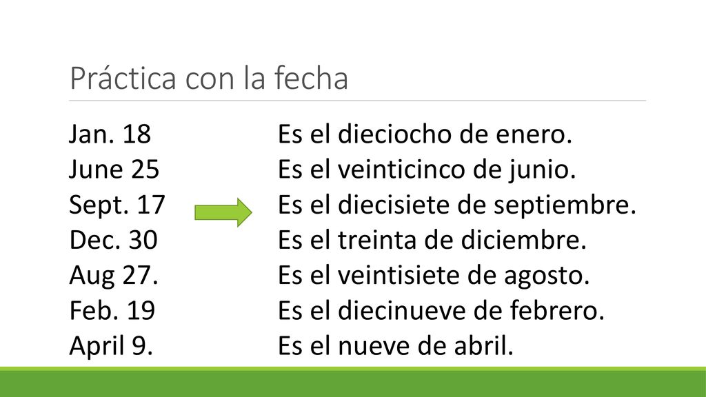 Práctica con la fecha Jan. 18 June 25 Sept. 17 Dec. 30 Aug 27. Feb. 19