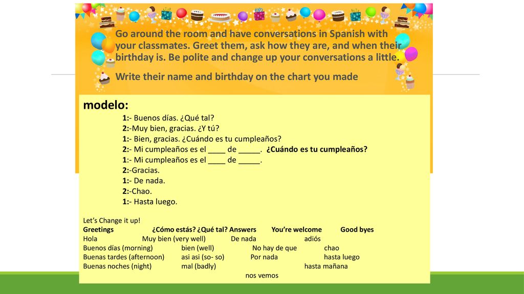 Go around the room and have conversations in Spanish with your classmates. Greet them, ask how they are, and when their birthday is. Be polite and change up your conversations a little.