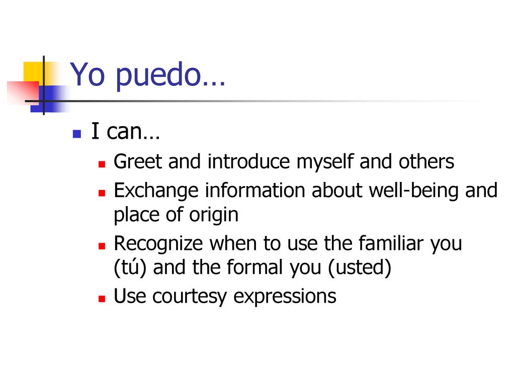 Yo puedo… I can… Greet and introduce myself and others