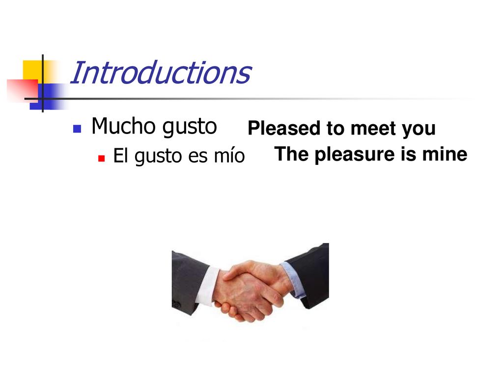 Introductions Mucho gusto Pleased to meet you El gusto es mío