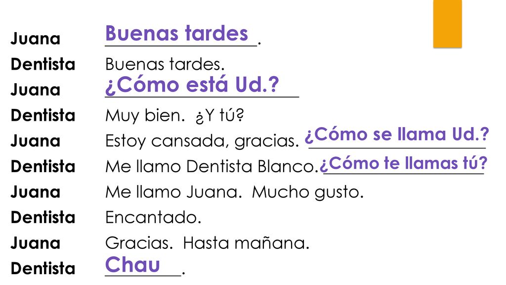 Buenas tardes ¿Cómo está Ud. Chau ¿Cómo se llama Ud.