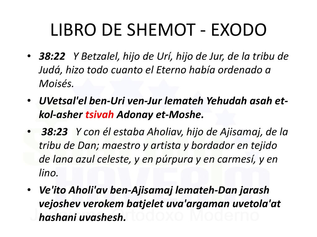 LIBRO DE SHEMOT - EXODO 38:22 Y Betzalel, hijo de Urí, hijo de Jur, de la tribu de Judá, hizo todo cuanto el Eterno había ordenado a Moisés.