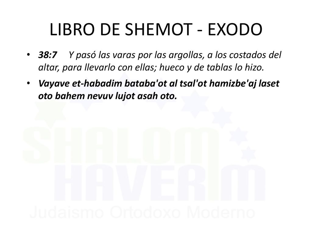 LIBRO DE SHEMOT - EXODO 38:7 Y pasó las varas por las argollas, a los costados del altar, para llevarlo con ellas; hueco y de tablas lo hizo.