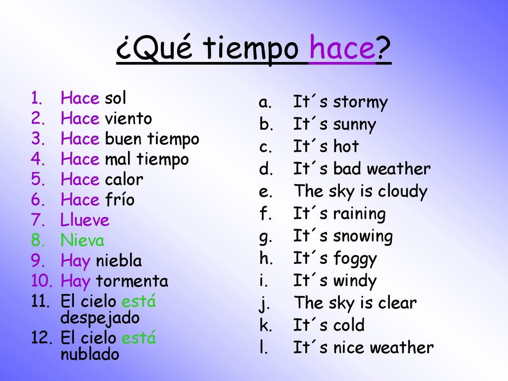 ¿Qué tiempo hace Hace sol It´s stormy Hace viento It´s sunny