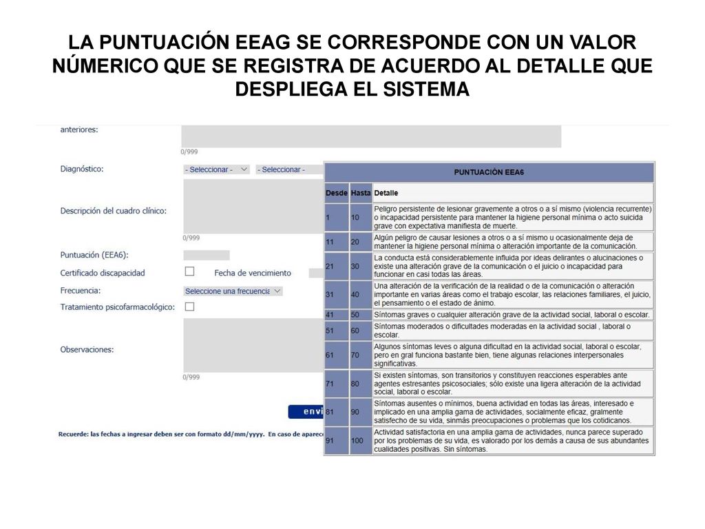 LA PUNTUACIÓN EEAG SE CORRESPONDE CON UN VALOR NÚMERICO QUE SE REGISTRA DE ACUERDO AL DETALLE QUE DESPLIEGA EL SISTEMA