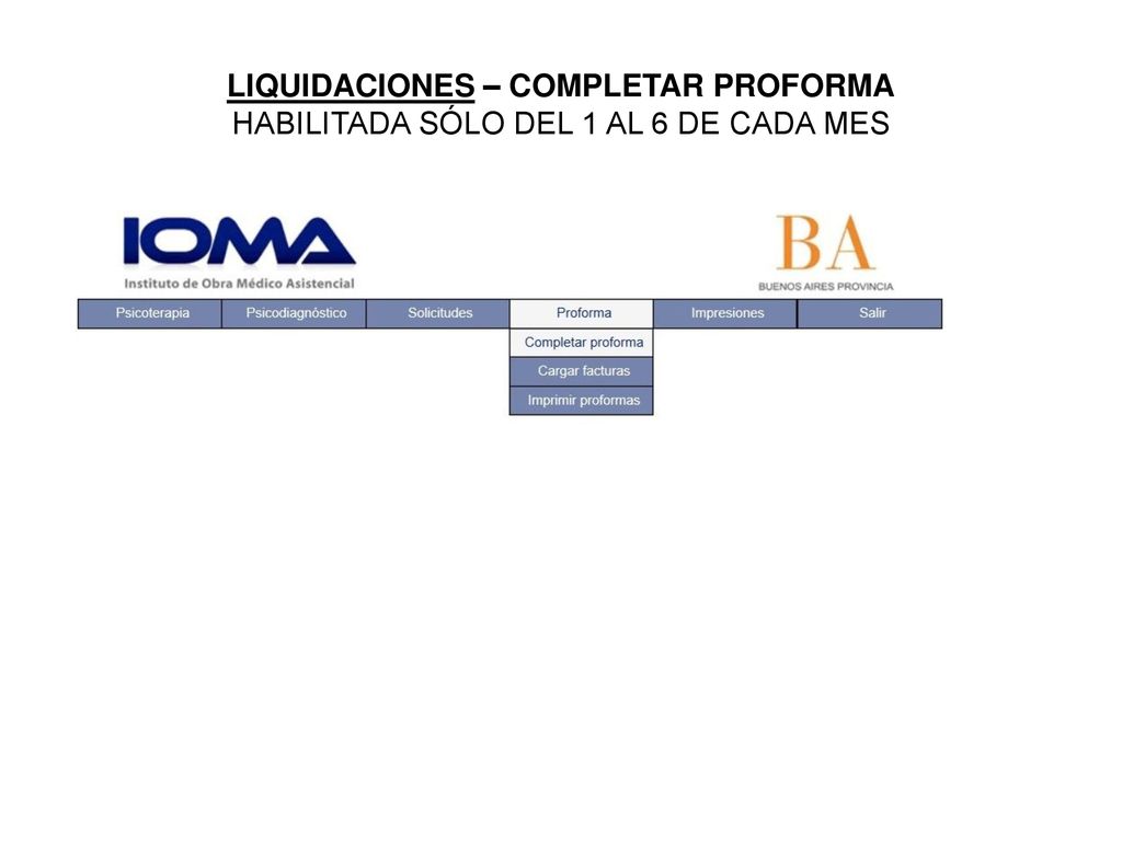 LIQUIDACIONES – COMPLETAR PROFORMA HABILITADA SÓLO DEL 1 AL 6 DE CADA MES