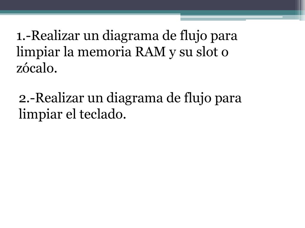 1.-Realizar un diagrama de flujo para limpiar la memoria RAM y su slot o zócalo.