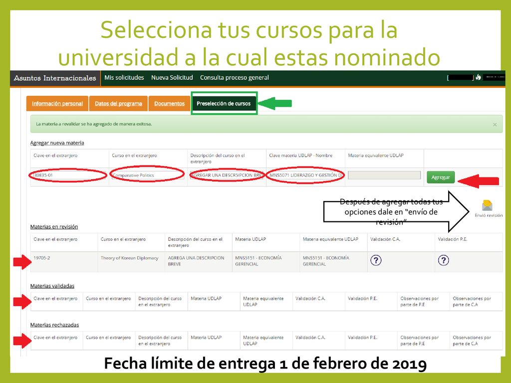 Selecciona tus cursos para la universidad a la cual estas nominado