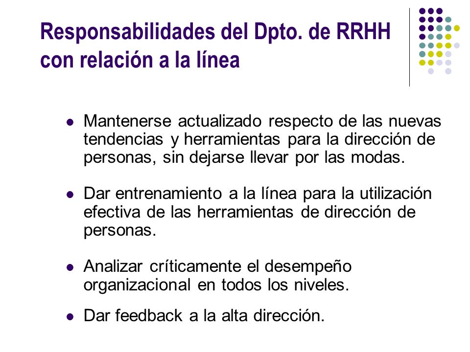 Responsabilidades del Dpto. de RRHH con relación a la línea