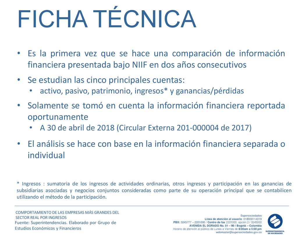 FICHA TÉCNICA Es la primera vez que se hace una comparación de información financiera presentada bajo NIIF en dos años consecutivos.