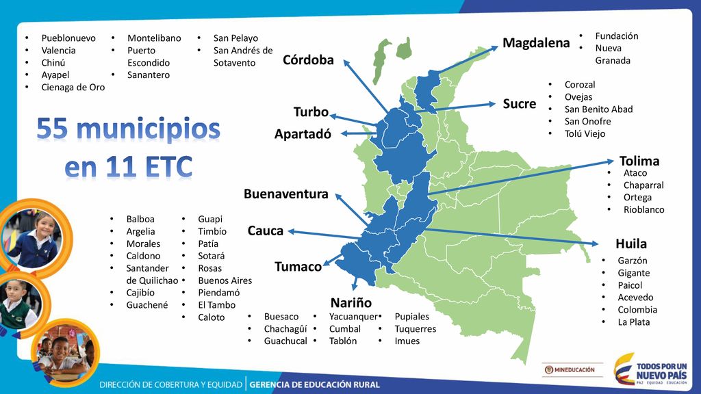 55 municipios en 11 ETC Magdalena Córdoba Sucre Turbo Apartadó Tolima