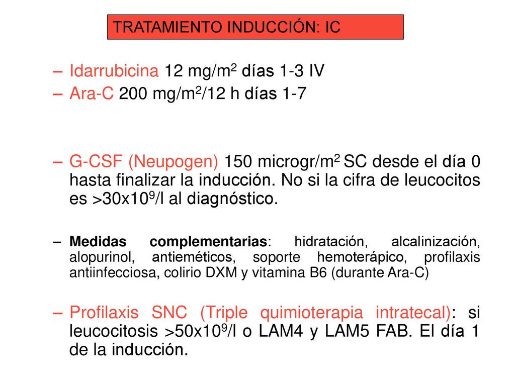 Idarrubicina 12 mg/m2 días 1-3 IV Ara-C 200 mg/m2/12 h días 1-7