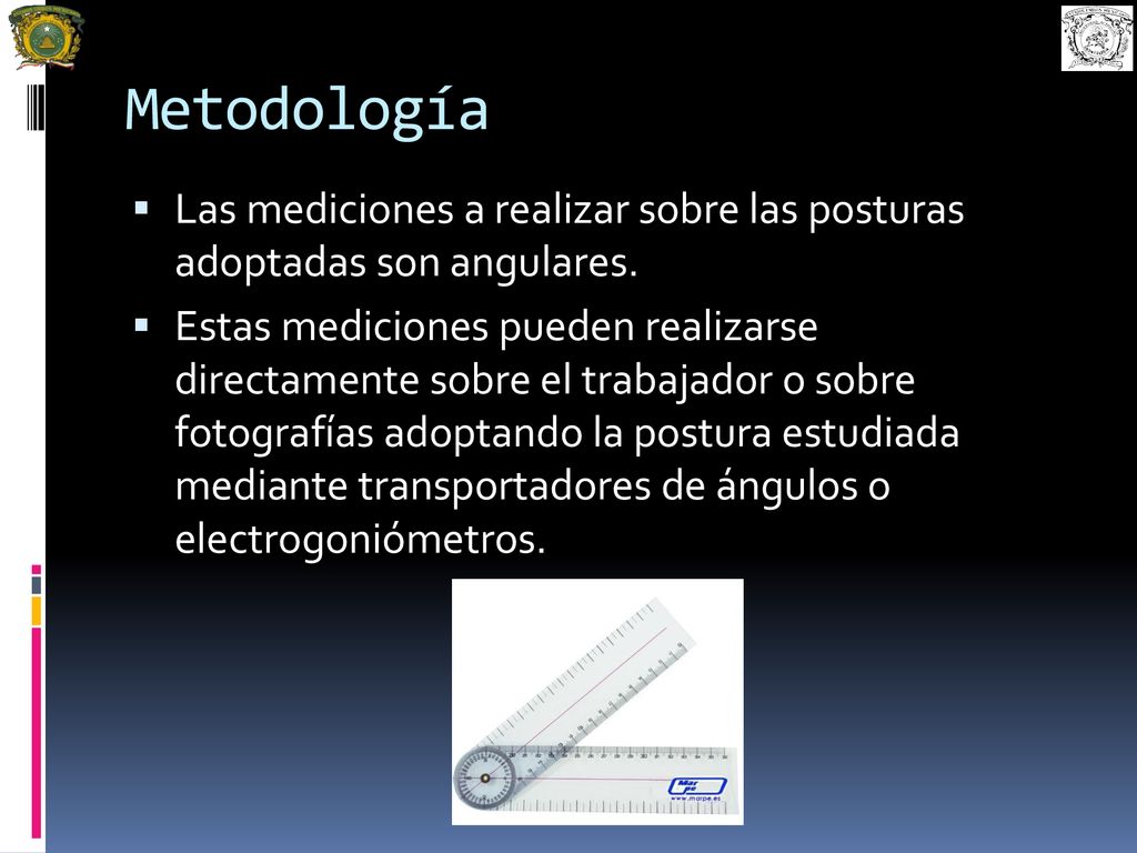 Metodología Las mediciones a realizar sobre las posturas adoptadas son angulares.