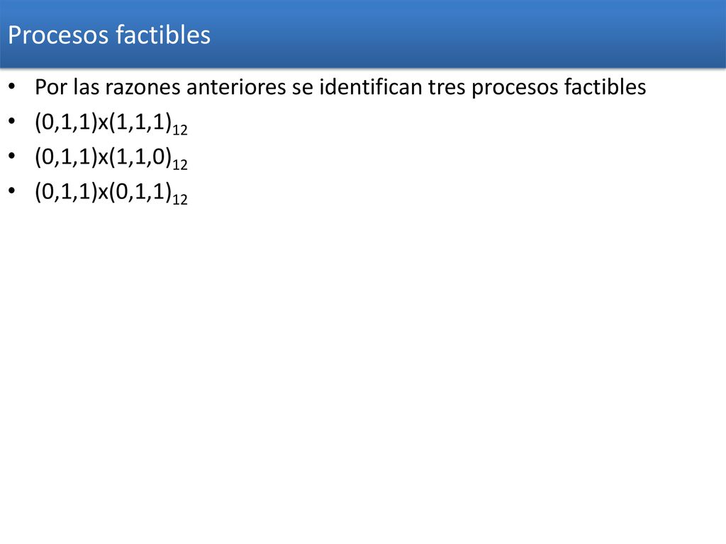 Procesos factibles Por las razones anteriores se identifican tres procesos factibles. (0,1,1)x(1,1,1)12.
