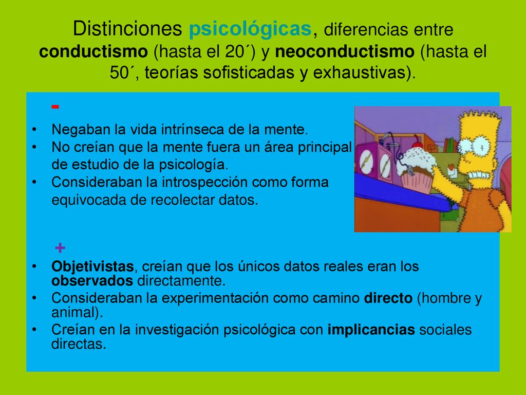 Distinciones psicológicas, diferencias entre conductismo (hasta el 20´) y neoconductismo (hasta el 50´, teorías sofisticadas y exhaustivas).