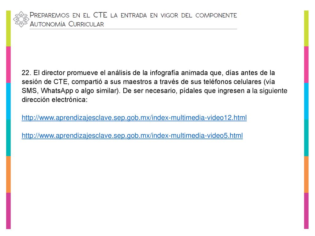 22. El director promueve el análisis de la infografía animada que, días antes de la sesión de CTE, compartió a sus maestros a través de sus teléfonos celulares (vía SMS, WhatsApp o algo similar). De ser necesario, pídales que ingresen a la siguiente dirección electrónica: