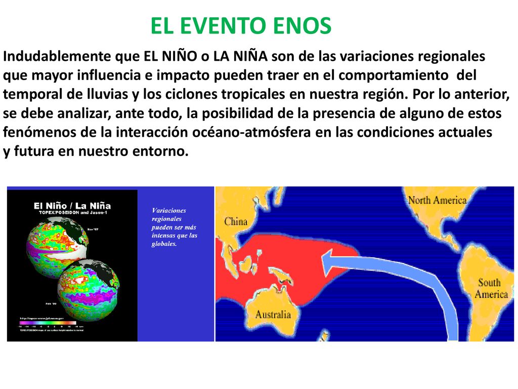 EL EVENTO ENOS Indudablemente que EL NIÑO o LA NIÑA son de las variaciones regionales.