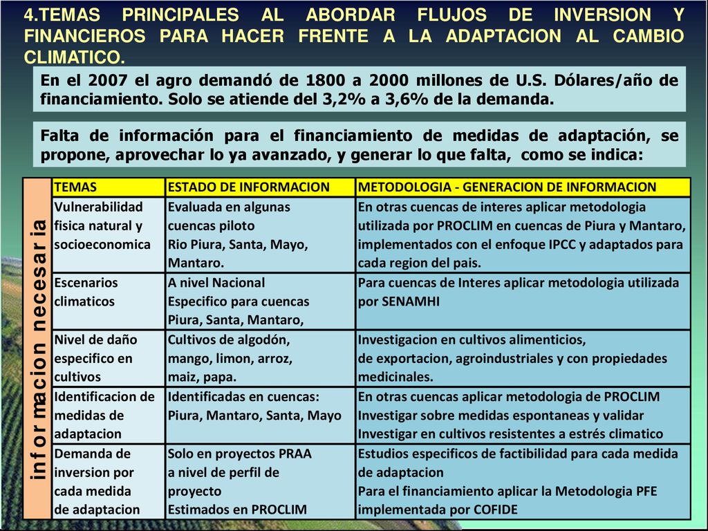 4.TEMAS PRINCIPALES AL ABORDAR FLUJOS DE INVERSION Y FINANCIEROS PARA HACER FRENTE A LA ADAPTACION AL CAMBIO CLIMATICO.