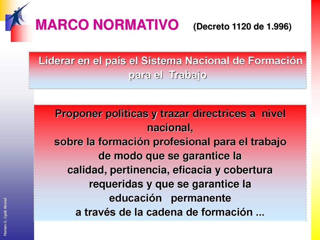 MARCO NORMATIVO (Decreto 1120 de 1.996) Liderar en el país el Sistema Nacional de Formación para el Trabajo.