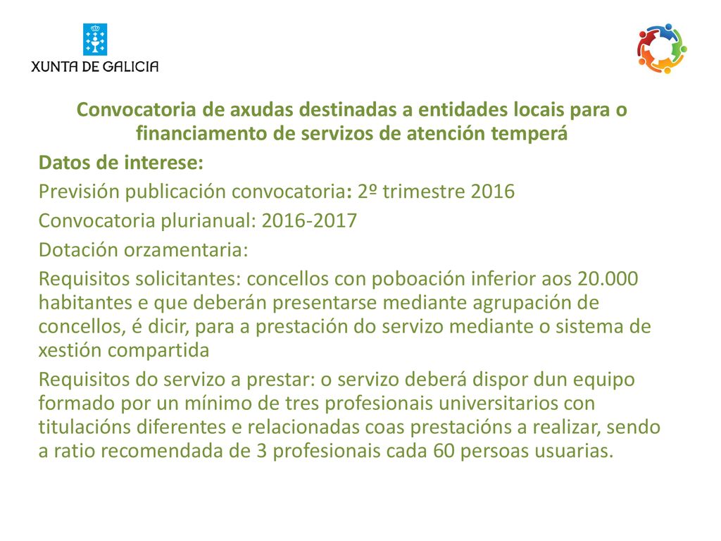 Convocatoria de axudas destinadas a entidades locais para o financiamento de servizos de atención temperá