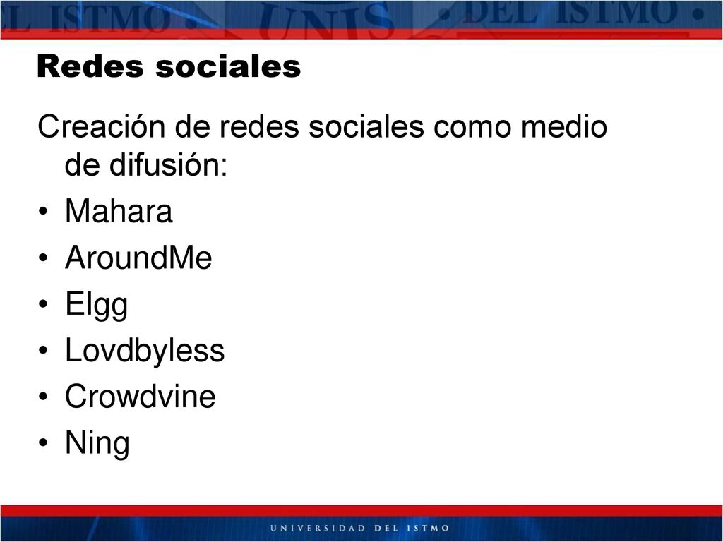 Redes sociales Creación de redes sociales como medio de difusión: Mahara. AroundMe. Elgg. Lovdbyless.