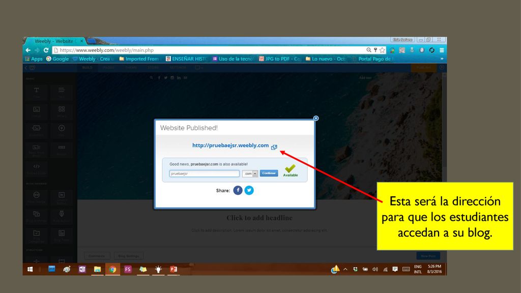 Esta será la dirección para que los estudiantes accedan a su blog.