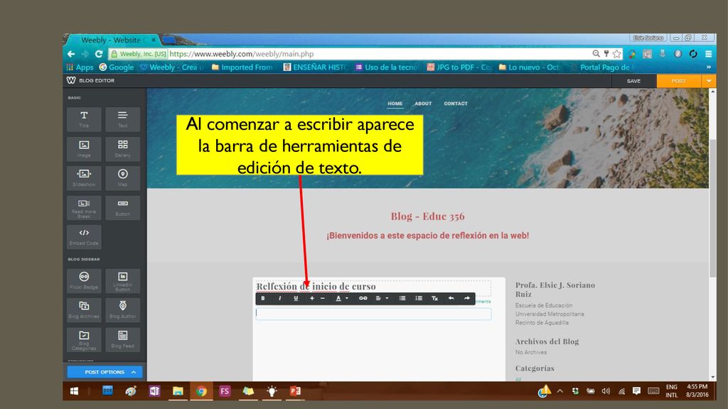 Al comenzar a escribir aparece la barra de herramientas de edición de texto.