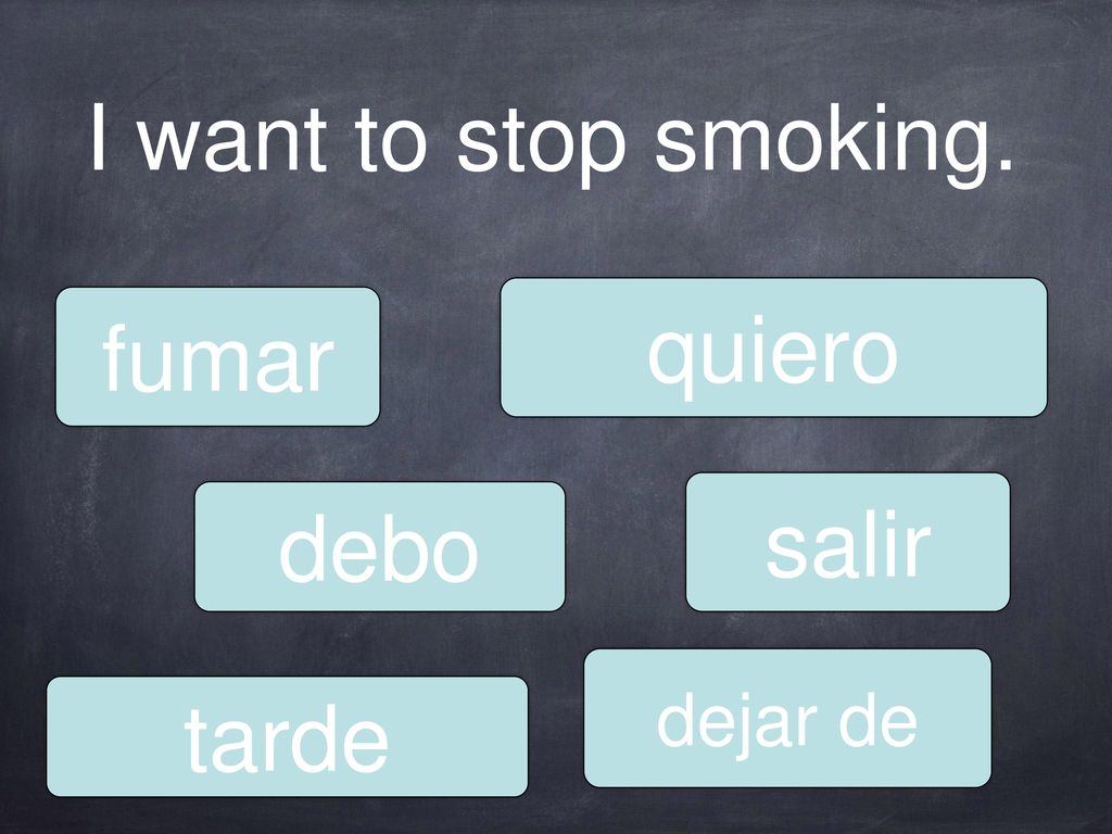 I want to stop smoking. quiero fumar salir debo dejar de tarde