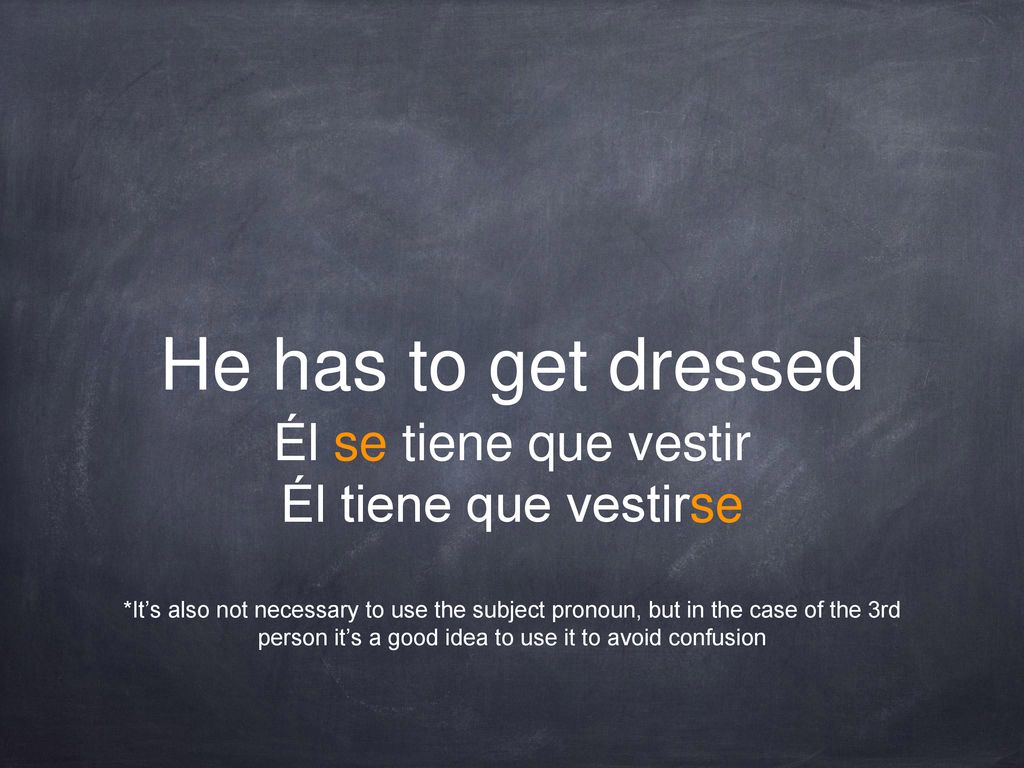 He has to get dressed Él se tiene que vestir Él tiene que vestirse