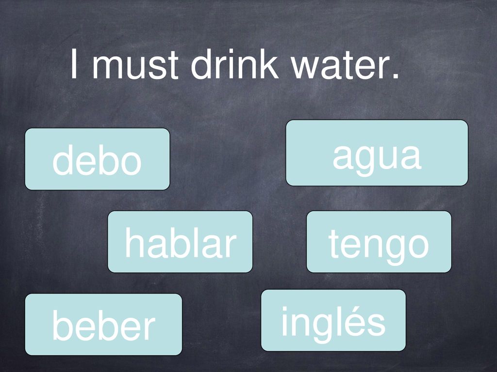 I must drink water. agua debo hablar tengo inglés beber