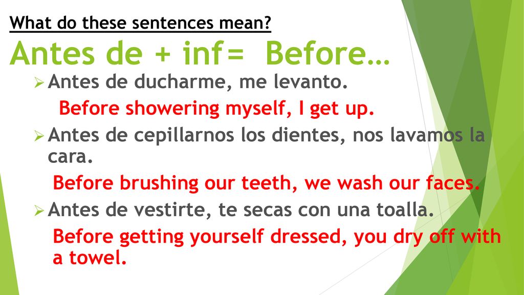 What do these sentences mean Antes de + inf = Before…