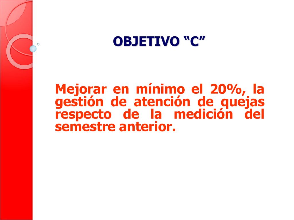 OBJETIVO C Mejorar en mínimo el 20%, la gestión de atención de quejas respecto de la medición del semestre anterior.