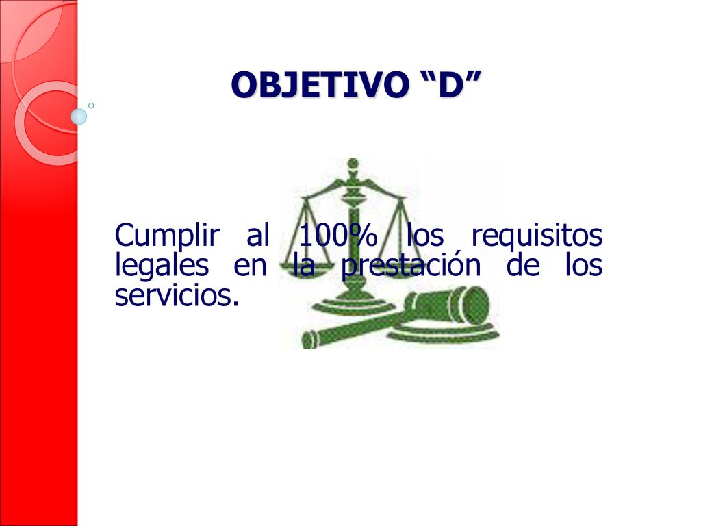 OBJETIVO D Cumplir al 100% los requisitos legales en la prestación de los servicios.