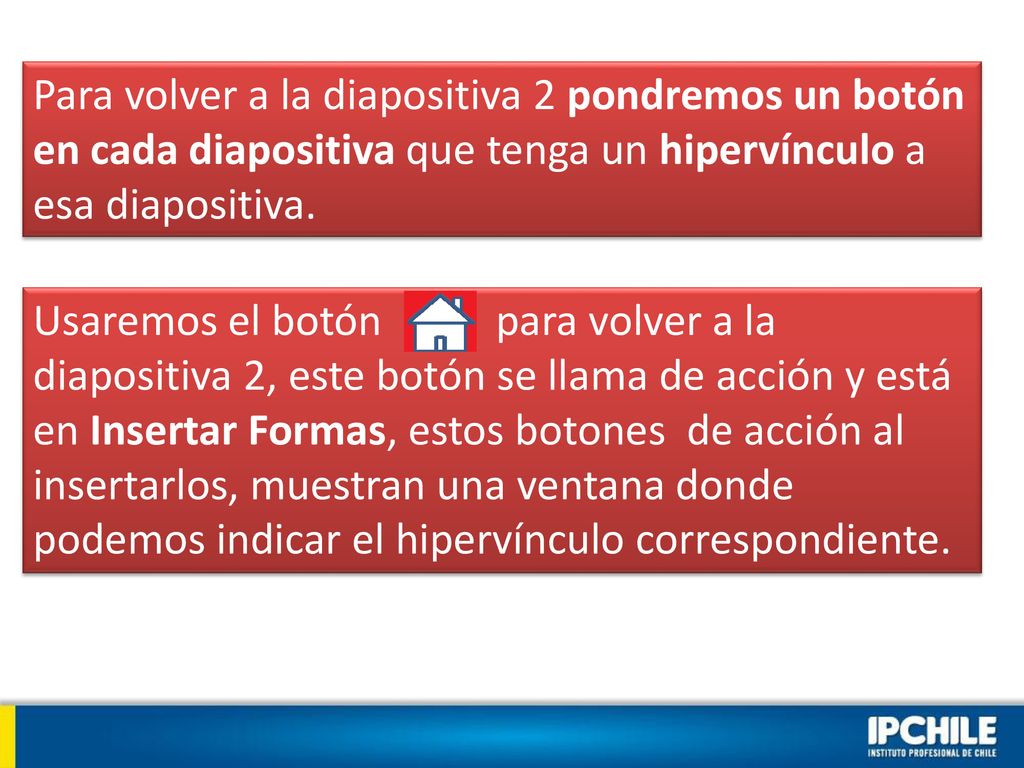 Para volver a la diapositiva 2 pondremos un botón en cada diapositiva que tenga un hipervínculo a esa diapositiva.