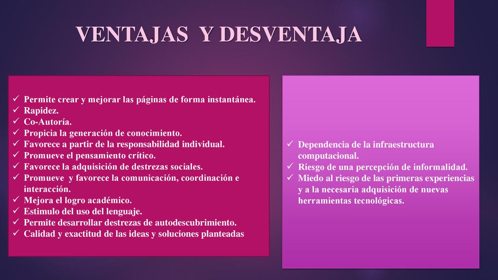 VENTAJAS Y DESVENTAJA Permite crear y mejorar las páginas de forma instantánea. Rapidez. Co-Autoría.