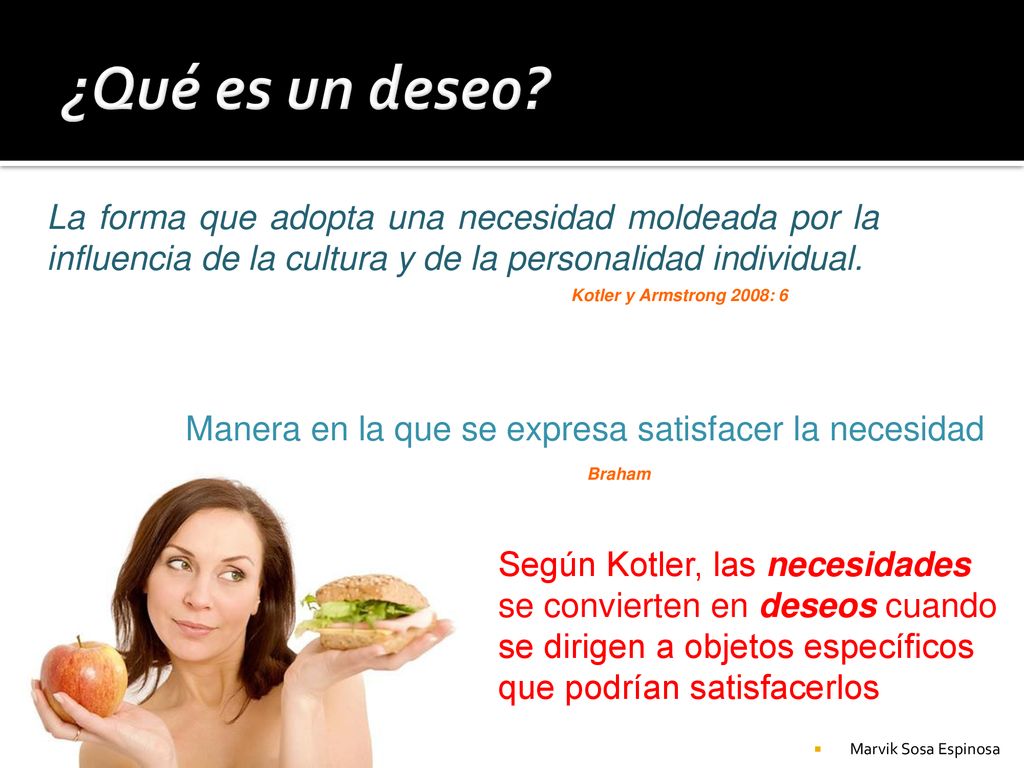¿Qué es un deseo La forma que adopta una necesidad moldeada por la influencia de la cultura y de la personalidad individual.