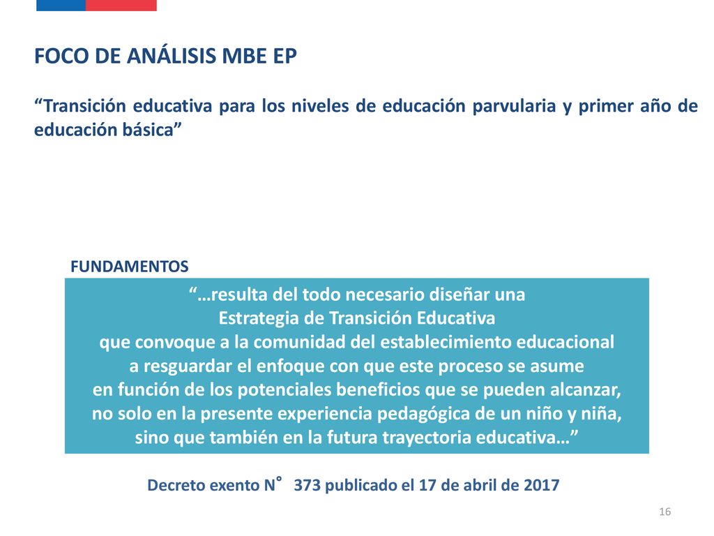 FOCO DE ANÁLISIS MBE EP Transición educativa para los niveles de educación parvularia y primer año de educación básica