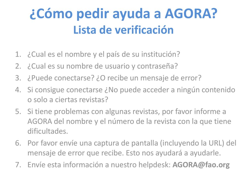 ¿Cómo pedir ayuda a AGORA Lista de verificación