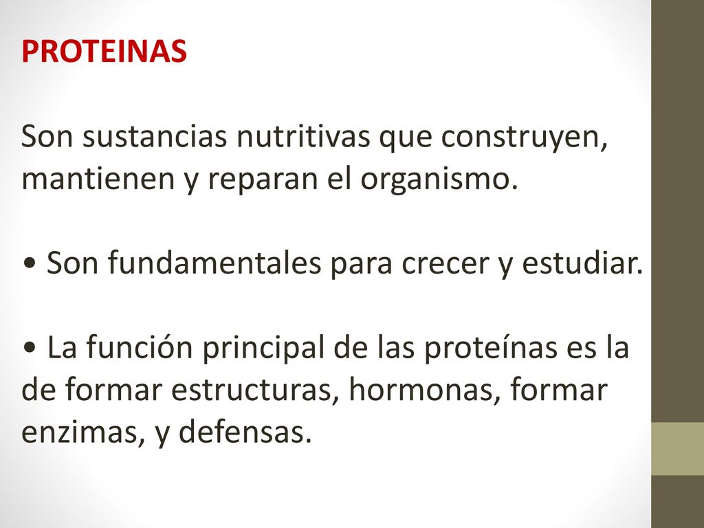PROTEINAS Son sustancias nutritivas que construyen, mantienen y reparan el organismo. • Son fundamentales para crecer y estudiar.