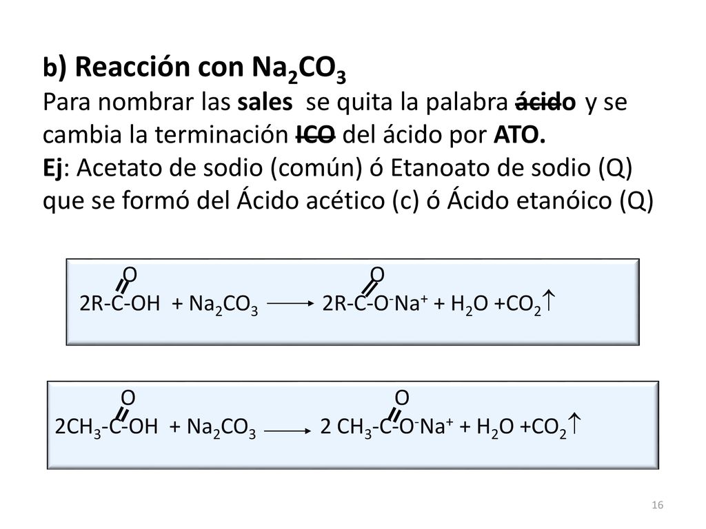 b) Reacción con Na2CO3 Para nombrar las sales se quita la palabra ácido y se cambia la terminación ICO del ácido por ATO. Ej: Acetato de sodio (común) ó Etanoato de sodio (Q) que se formó del Ácido acético (c) ó Ácido etanóico (Q)