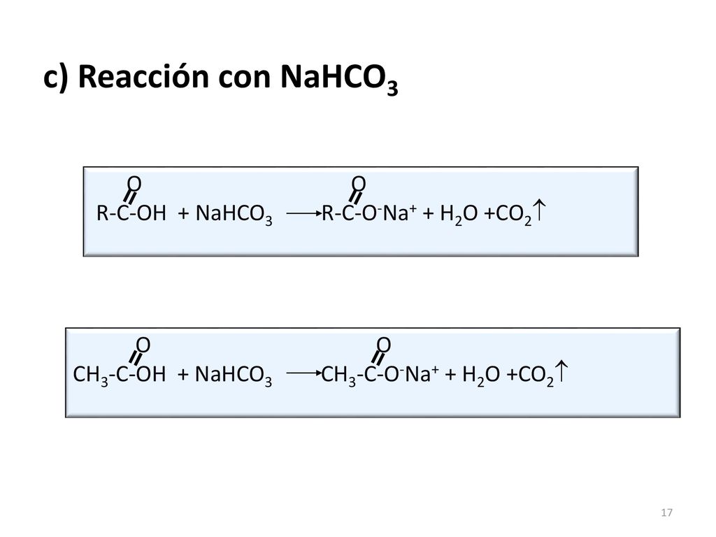 c) Reacción con NaHCO3 R-C-OH + NaHCO3 R-C-O-Na+ + H2O +CO2