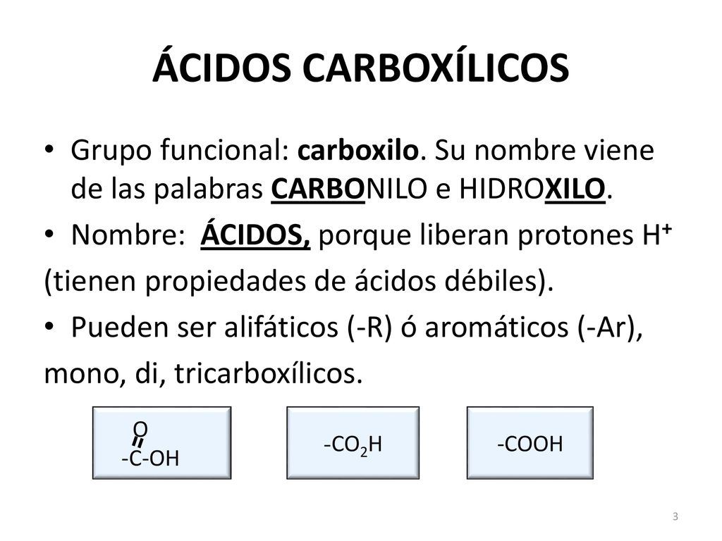 ÁCIDOS CARBOXÍLICOS Grupo funcional: carboxilo. Su nombre viene de las palabras CARBONILO e HIDROXILO.