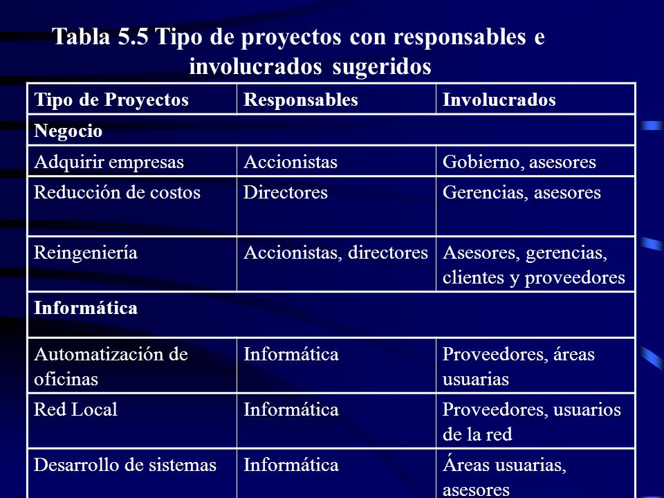 Tabla 5.5 Tipo de proyectos con responsables e involucrados sugeridos