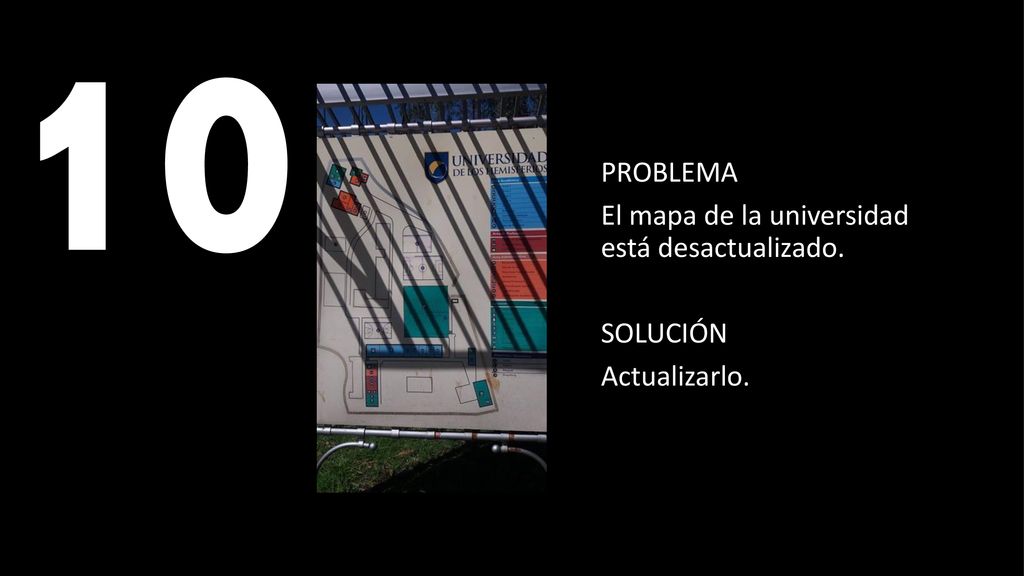 10 PROBLEMA El mapa de la universidad está desactualizado. SOLUCIÓN Actualizarlo.