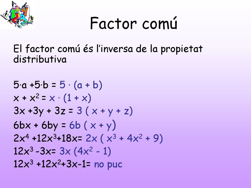 Factor comú El factor comú és l’inversa de la propietat distributiva