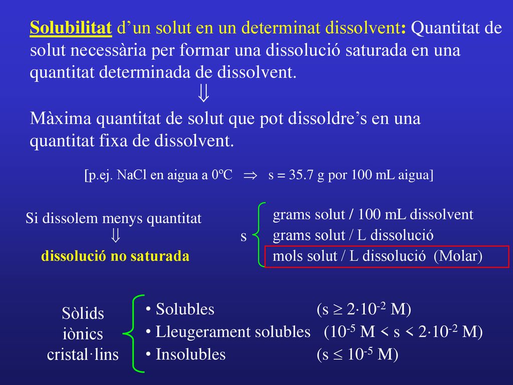 Solubilitat d’un solut en un determinat dissolvent: Quantitat de solut necessària per formar una dissolució saturada en una quantitat determinada de dissolvent.