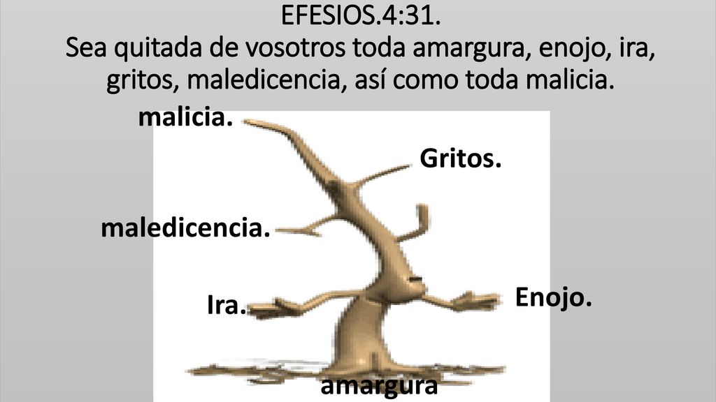 EFESIOS.4:31. Sea quitada de vosotros toda amargura, enojo, ira, gritos, maledicencia, así como toda malicia.