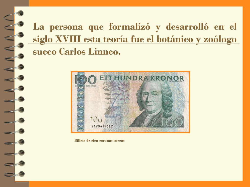 La persona que formalizó y desarrolló en el siglo XVIII esta teoría fue el botánico y zoólogo sueco Carlos Linneo.